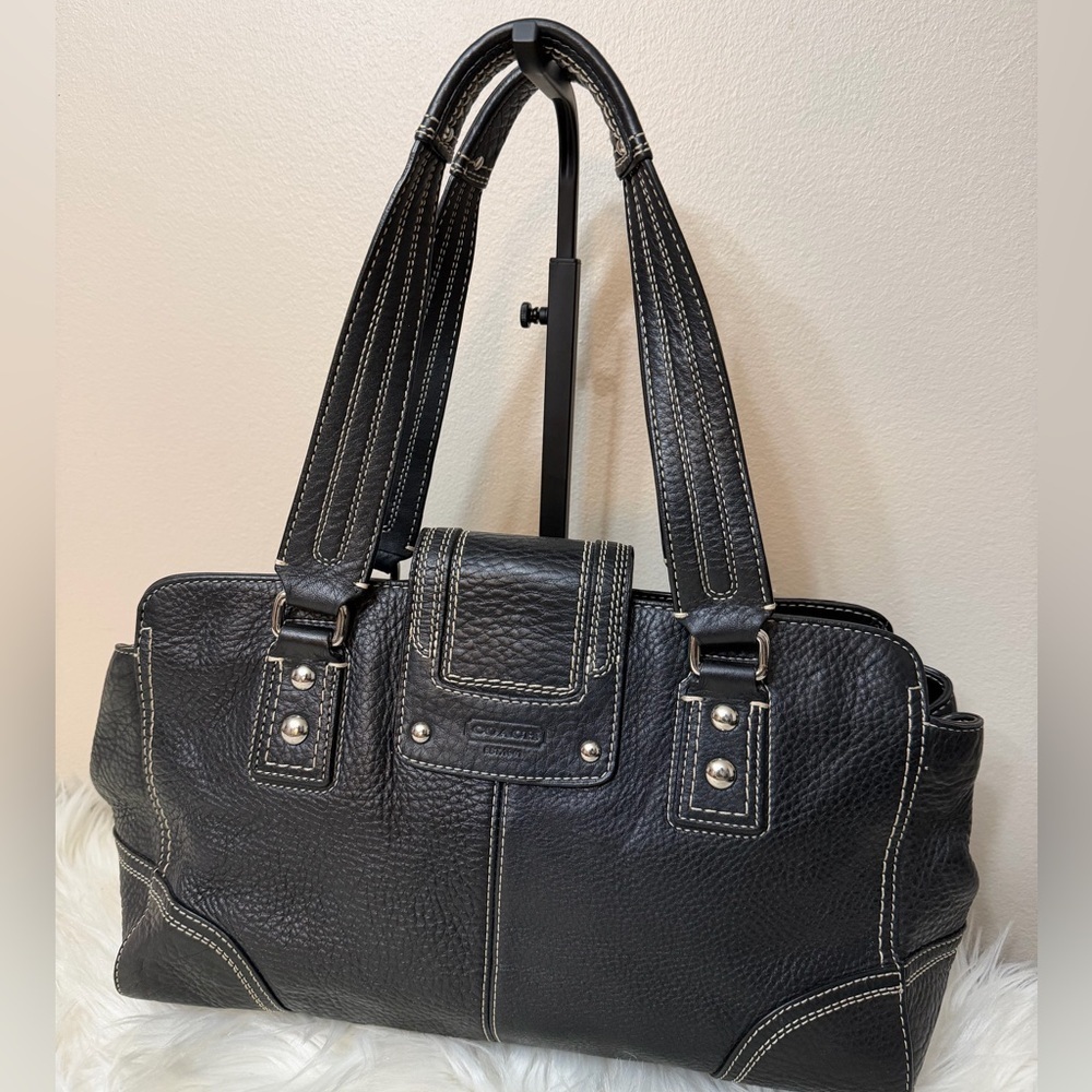 Coach Hampton F13961 Pebbled Leather Satchel Handbag Black - Picture 3 of 14